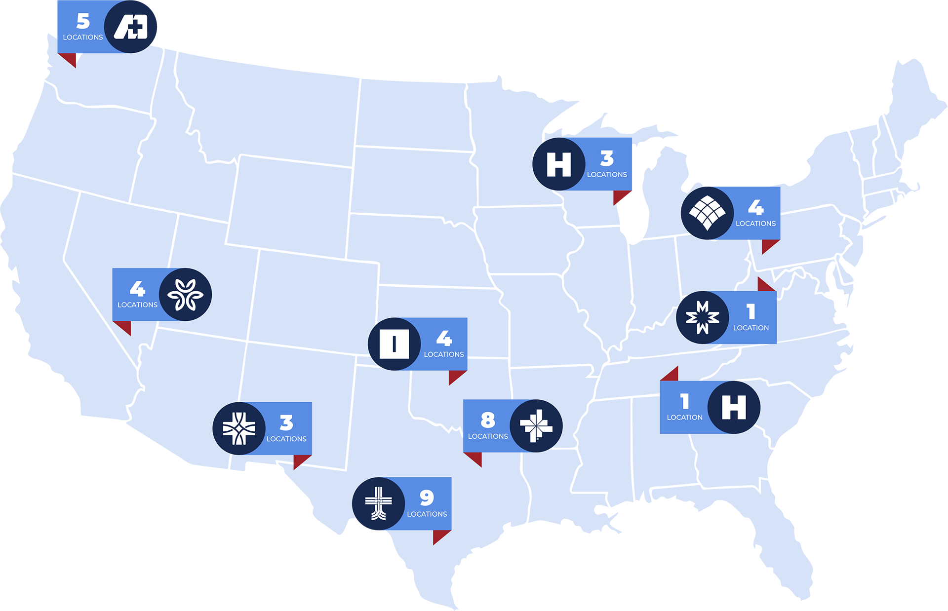 Map of various Emerus Partner hospital locations in Texas, Oklahoma, Nevada, Washington, Pennslyvania, Tennessee, West Virginia and more.