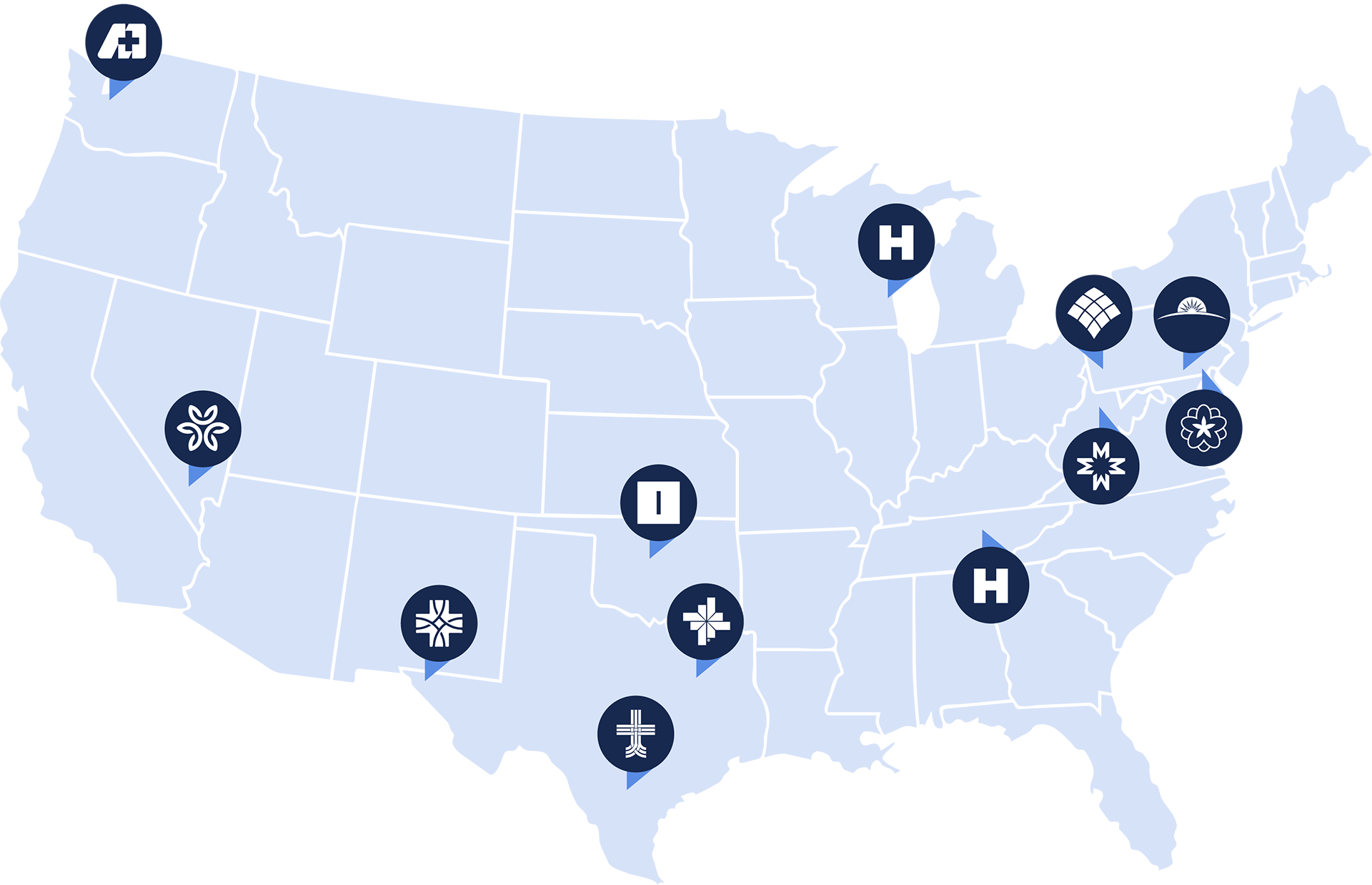 Map of various Emerus Partner hospital locations in Texas, Oklahoma, Nevada, Washington, Pennslyvania, West Virginia and more.