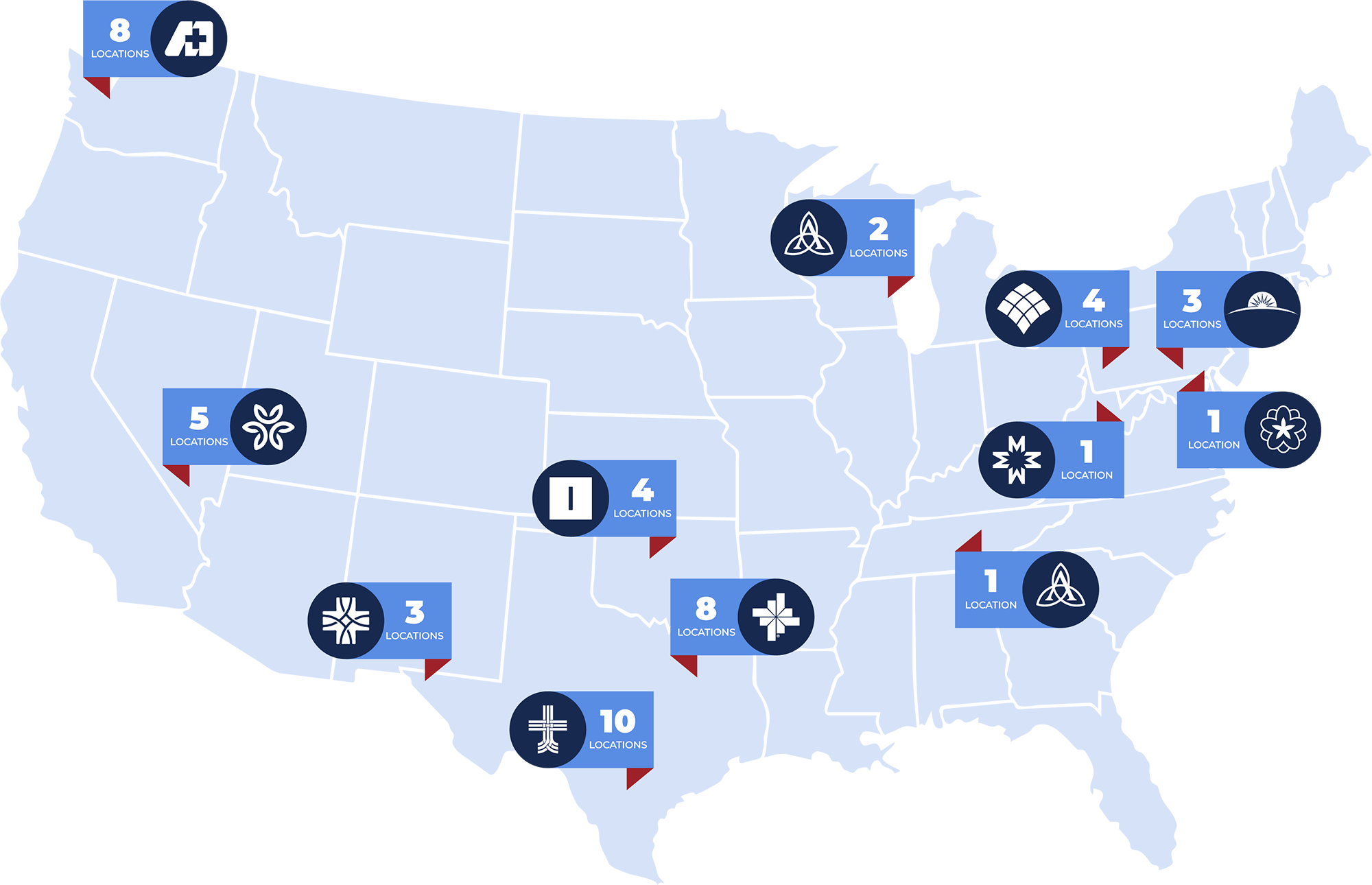 Map of various Emerus Partner hospital locations in Texas, Oklahoma, Nevada, Washington, Pennsylvania, Tennessee, West Virginia and more.