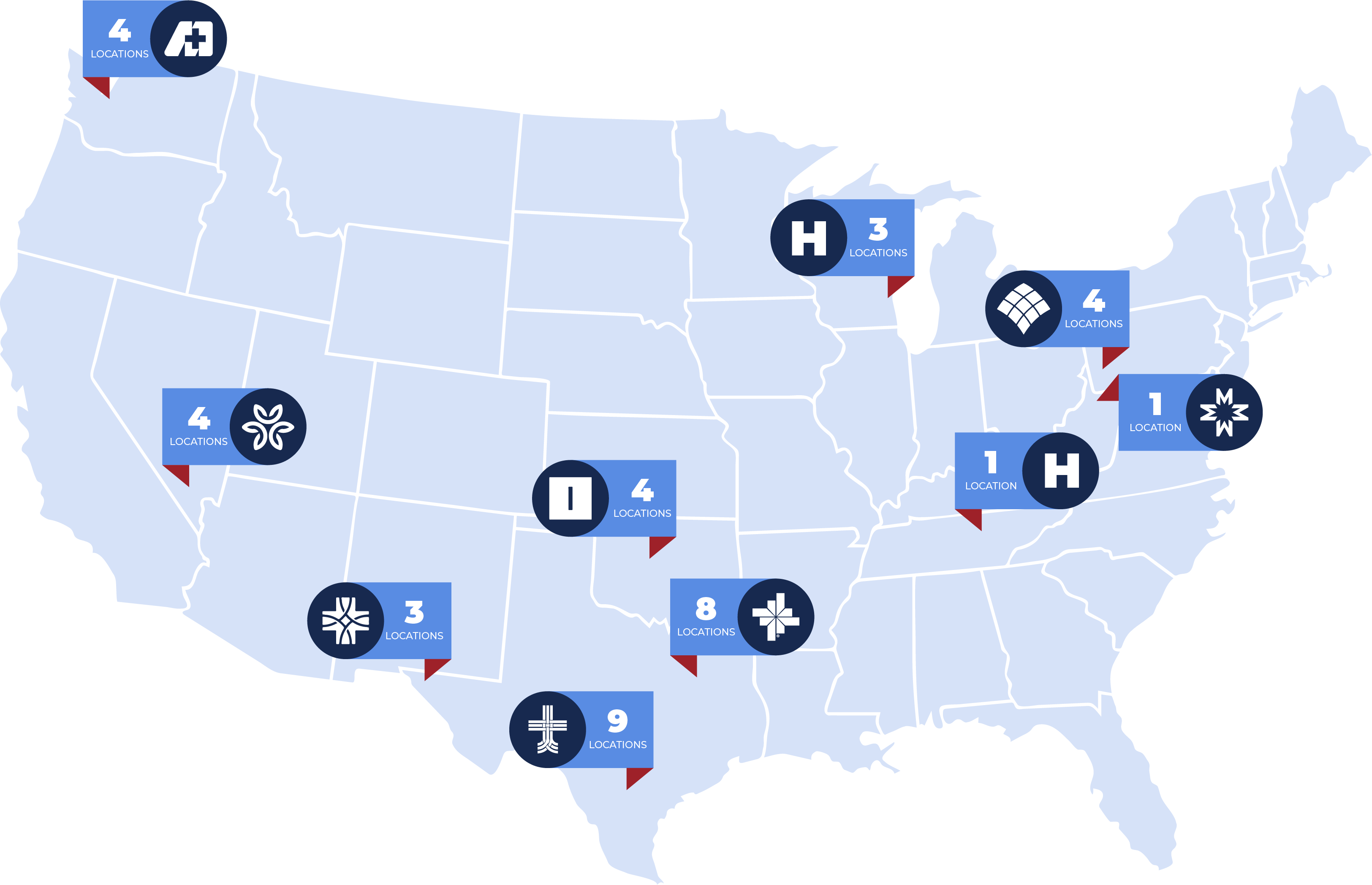 Map of various Emerus Partner hospital locations in Texas, Oklahoma, Nevada, Washington, Pennsylvania, Tennessee, West Virginia and more.