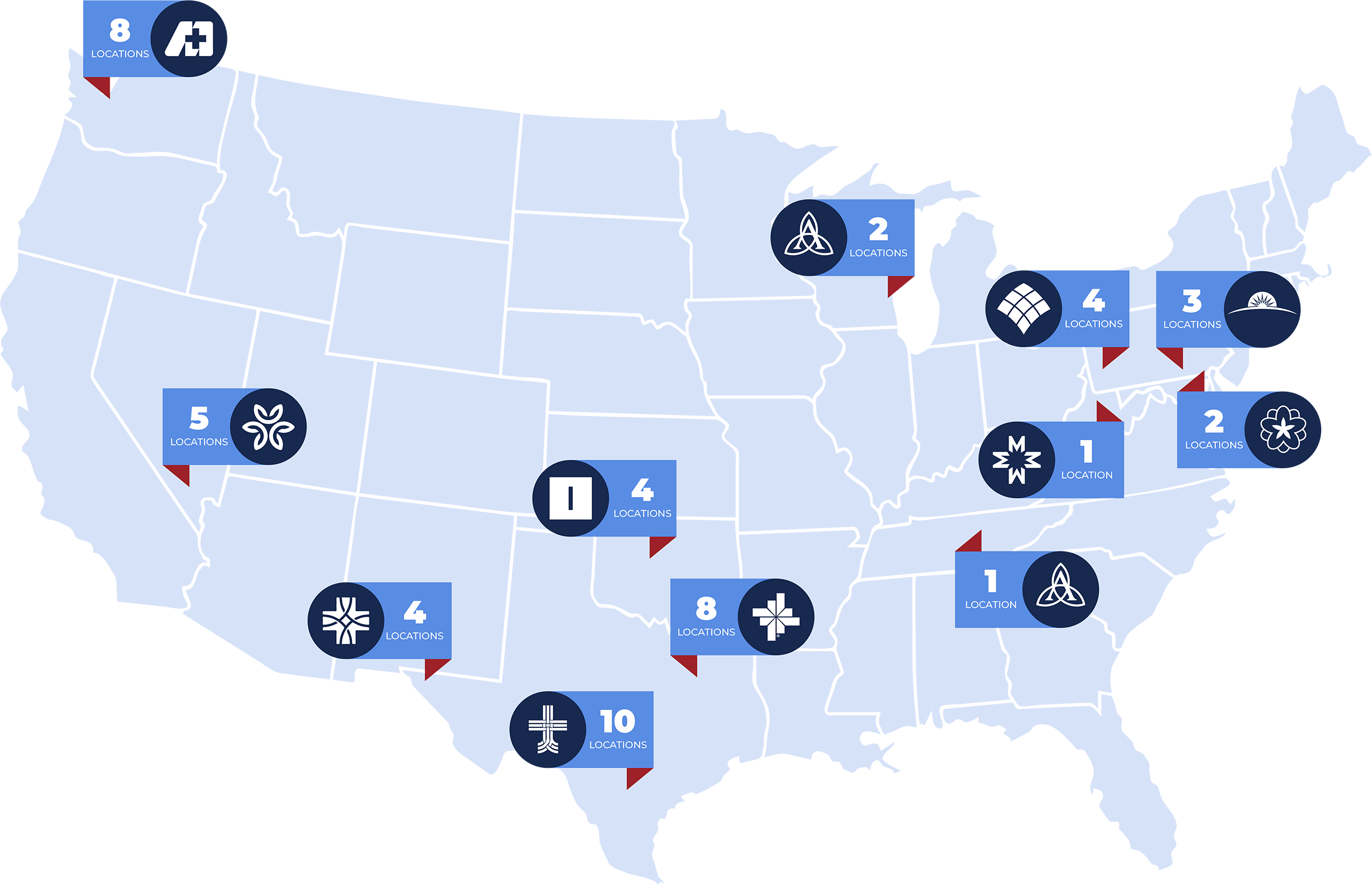 Map of various Emerus Partner hospital locations in Texas, Oklahoma, Nevada, Washington, Pennsylvania, Tennessee, West Virginia and more.